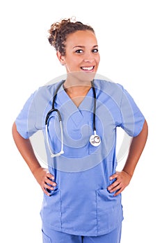 Young doctor with stethoscope isolated on white background