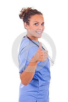 Young doctor with stethoscope isolated on white background