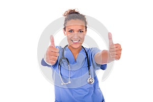 Young doctor with stethoscope isolated on white background