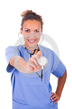 Young doctor with stethoscope isolated on white background