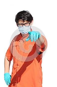 Young doctor with surgical mask and gloves and white background