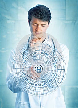 Young Doctor Touching Cybersecurity Mechanism