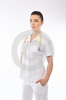 Young doctor in white and stethoscope