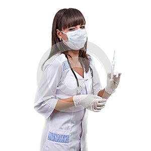 Young doctor woman with syringe against white background