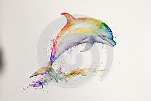 Young dolphin leaping out of watercolor splash waves
