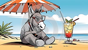 A young donkey on the beach under an umbrella and looking at a big cold cocktail with fruits and ice