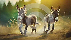 Young donkey running on meadow. Donkey on field .ai generated