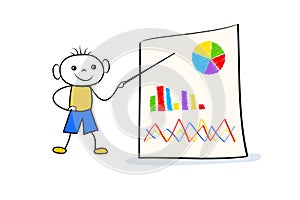 Young doodle boy standing near flip chart and pointing at board with graph and pie chart. Businness presentation concept in cartoo