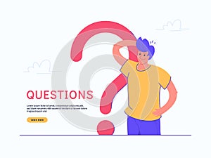 Young doubting man standing near big question symbol on white background