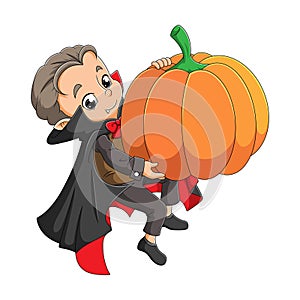 The young dracula is holding a big scary pumpkin