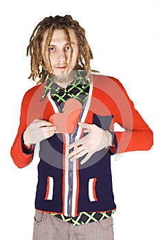 Young dreadlock man with red paper heart isolated photo