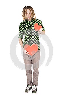 Young dreadlock man with red paper heart isolated