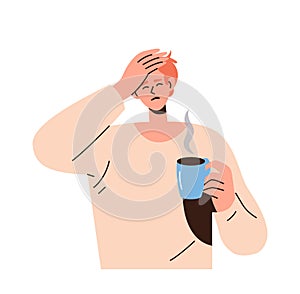 Young drowsy man character drinking coffee suffering from headache tension vector illustration