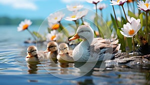Young ducklings playing in a beautiful green meadow near a pond generated by AI