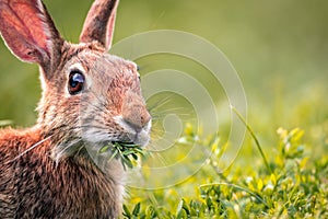 Young Eastern Cottontail Rabbit munches on fresh greens