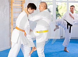 Young and elderly men training judo fight