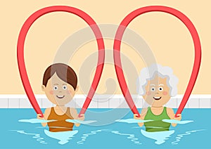 Young and elderly women using pool noodles in swimming pool