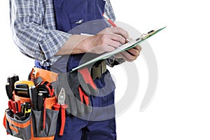 Young electrician technician in clothes and work tools isolated