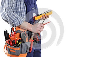 Young electrician technician in clothes and work tools isolated