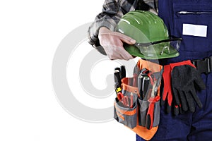 Young electrician technician in workwear isolated on white background.