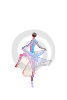 Young elegant woman, ballerina in bodysuit spinning on pointe, dancing with transparent fabric isolated on white