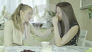 Young elegant woman comforting sad friend at home during tea time