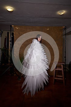 Young elegant woman in trendy black clothes with white wings. Brunette model in nice dark dress posing in studio in