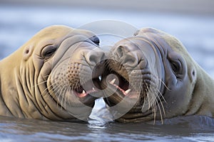 young elephant seals play-fighting near surf line