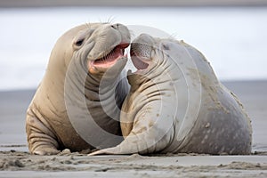 young elephant seals play-fighting near surf line
