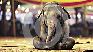 A young elephant waiting for his chance to preform under the circus big top . Room for text or copy space