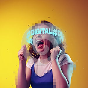 Contemporray artwork. Young emotive girl with neon lettering around pixel head isolated over yellow background in neon