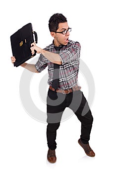 Young employee with briefcase isolated on white