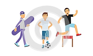 Young Energetic Man Doing Sport Activity Vector Illustration Set