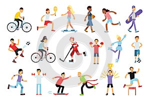 Young Energetic Man and Woman Doing Sport Activity Vector Illustration Set