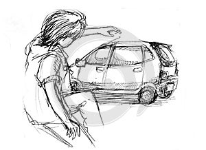Young energitic people with car drawing photo