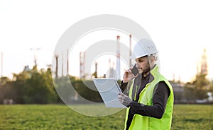 Young engineer with smartphone standing outdoors by oil refinery. Copy space.