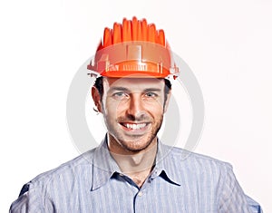 Young engineer think positive isolated on white.