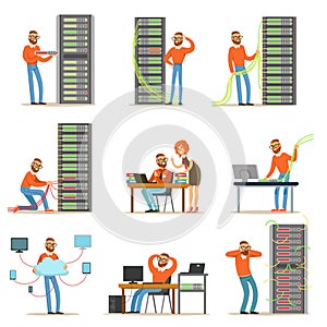 Young engineer working in network server room. Technician at the data center set of colorful Illustrations