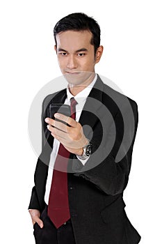 Young entrepreneur checking at e-mail on phone, isolated on whit