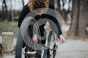 Young entrepreneur repairing his bike in a park setting