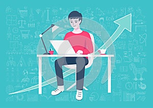 Young entrepreneur working on online business from home on his home working table with hand drawn business icons and arrow
