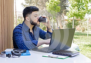 Young entrepreneur working, using laptop, looking at screen.