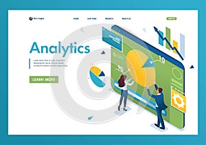 Young entrepreneurs are working with a chart on a tablet. Concept of data Analytics. 3d isometric. Landing page concepts and web