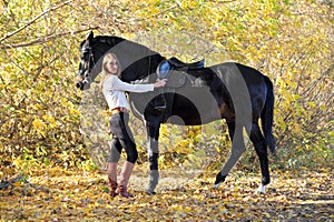 Young equestrian woman walking horse in autumn park
