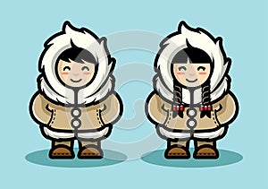 Young Eskimo Cute Couple Character Illustration in Cartoon Style. Arctic people living in north pole flat design