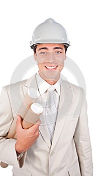 Young ethnic architect wearing a hardhat