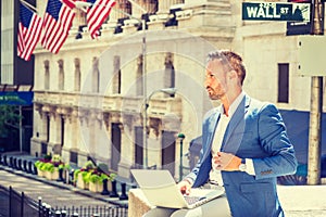 Young European Businessman with beard traveling, working in New