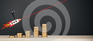 Young european businesswoman with telescope standing on flying rocket, growing golden coin chart and mock up place on dark wall.