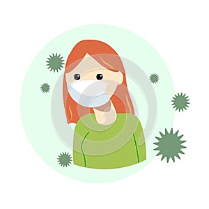 Young European girl red-haired square in a medical mask and a green jacket. Illustration for a banner or flyer