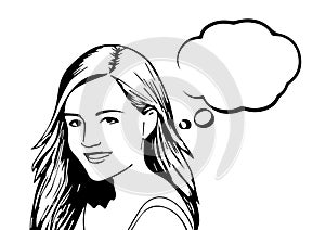 Young european woman looking to the left, vector illustration with speech bubble
